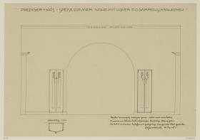 Darmstadt, Dreihäusergruppe, Predigerhaus, Erdgeschoss, Speisezimmer, Raum 31, Aufriss der Südwand und Grundriss eines Zierschrankes