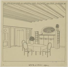 Darmstadt, Dreihäusergruppe; Predigerhaus, Erdgeschoss, Speisezimmer, Raum 31, Perspektive von Südosten