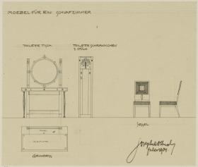 Darmstadt, Dreihäusergruppe, Predigerhaus, erstes Obergeschoss, Schlafzimmer, Raum 35, Aufriss und Grundriss des Toilettentisches, Aufriss des Toilettenschrankes sowie Aufriss und Seitenansicht eines Polsterstuhles