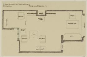 Darmstadt, Dreihäusergruppe, Predigerhaus, erstes Obergeschoss, Wohnzimmer, Raum 37, Grundriss mit Möblierungsplan