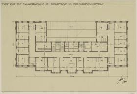 Darmstadt, Projekt Eleonorenhotel, 2. Vorentwurf, erster Obergeschossgrundriss des Hauptgebäudes