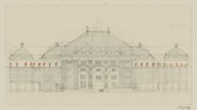 Darmstadt, Projekt Eleonorenhotel, Vorentwurf, Skizzenblatt mit Aufriss der Hauptfassade