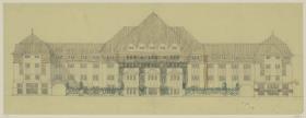 Darmstadt, Projekt Eleonorenhotel, Skizzenblatt mit Aufriss der Hauptfassade