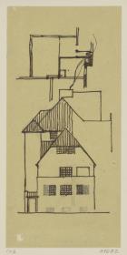 Hanau, Projekt Doppelhaus Ohl, vorbereitende Skizze, Teilgrundriss und Aufriss einer Seitenfassade