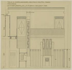 Hanau, Projekt Doppelhaus Ohl, Halle, Aufriss der Kaminwand