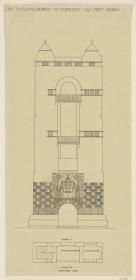 Darmstadt, Ausstellungsgebäude und Hochzeitsturm, 1. Vorentwurf, Grundriss und Aufriss der Hauptfassade