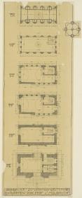Darmstadt, Ausstellungsgebäude und Hochzeitsturm, Vorentwurf, sechs Grundrisse des Turmes