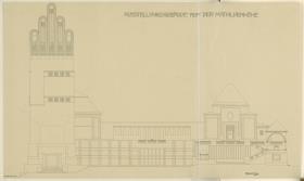 Darmstadt, Ausstellungsgebäude und Hochzeitsturm, Aufriss der Westfassade