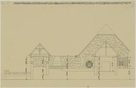 Köln, Frauenrosenhof der Deutschen Kunstausstellung, Aufriss der Südwestfassade des Hofes mit Schnitten durch den Nordwest- und Südflügel