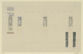 Köln, Frauenrosenhof der Deutschen Kunstausstellung, Skizzenblatt mit nicht ausgeführtem Skulpturenschmuck für die Hoffassade des Wandelganges