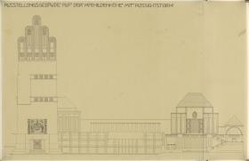 Darmstadt, Ausstellungsgebäude und Hochzeitsturm, Aufriss der Westfassade