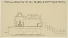 Darmstadt, Ausstellungsgebäude und Hochzeitsturm, Vorentwurf, Schnitt durch den Südflügel