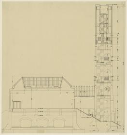 Darmstadt, Ausstellungsgebäude und Hochzeitsturm, Vorentwurf, Schnitte durch Nordflügel und Turm