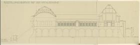 Darmstadt, Ausstellungsgebäude und Hochzeitsturm, Aufriss der Hoffassade und Schnitte durch den Nord und Südflügel des Ausstellungsgebäudes
