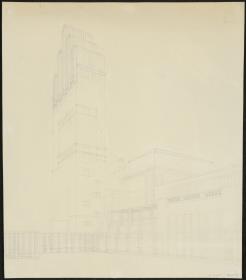 Darmstadt, Ausstellungsgegbäude und Hochzeitsturm, Perspektive von Südwesten