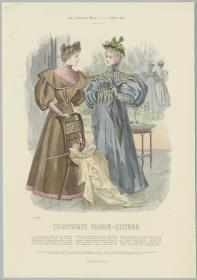 Illustrirte Frauen-Zeitung: Promenaden-Toilette mit Glockenrock und Promenaden-Mantel im Empire-Geschmack