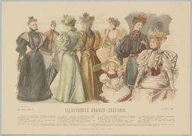 Illustrirte Frauen-Zeitung: Kostüme für Damen, Mantelet und Kinderkleid mit Florentiner Hut