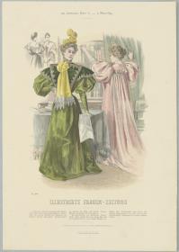 Illustrirte Frauen-Zeitung: Besuchs-Toilette mit Kapottenhütchen und Morgen-Anzug mit Bauschärmeln und langer Schleppe