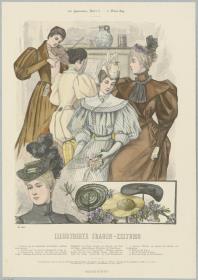 Illustrirte Frauen-Zeitung: Hausanzug mit Jackentaille, Toilette mit Fracktaille, Promenaden-Toilette mit Bluse, diverse Hüte