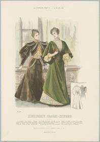 Illustrirte Frauen-Zeitung: Elegante Haus-Toilette mit doppeltem Jäckchen und Empfangs-Toilette mit gerafftem Überkleid
