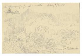Bad Kissingen, Stadtansicht mit Landschaft, Zeichnung auf Postkarte