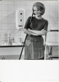 Junkers, Hausfrau mit Putzmitteln an Küchenspüle mit Gas-Durchlauferhitzer (Werbung für Junkers Quell)