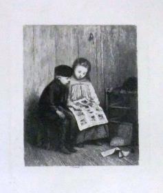 o.T. [Kinder beim Anschauen eines Bilderbogens]