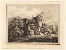Berglandschaft mit zwei Figuren und Maultier