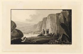 Klippenlandschaft mit Soldaten und Pferden