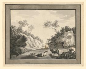 Landschaft mit Bauernhaus und Vieh