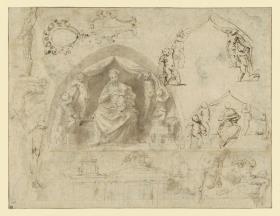 Drei Entwürfe zu einer thronenden Madonna mit Kind und Engeln in einer Lünette; verschiedene Figuren- und Architekturskizzen, darunter zwei Kartuschen