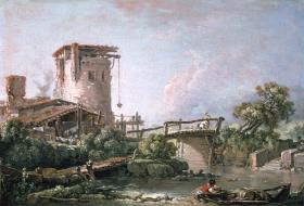 Landschaft mit Turm und Brücke