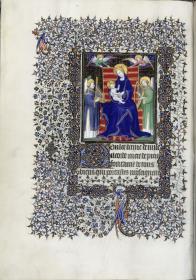 Die thronende Madonna zwischen zwei musizierenden Engeln. Boucicaut Gebetbuch
