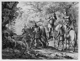Reiter und Pferde an der Tränke