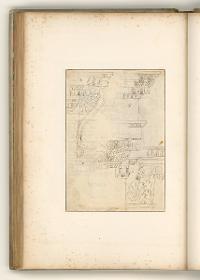 Rom, Sant Urbano alla Cafarella, Aufriss einer mit kollosaler Pilasterordnung und Giebel versehenen Fassade; Verso: Kapitell, Fensterstützen