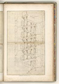 Rom, Cortile del Belvedere, Bramantes Treppe, Schnitt und Maßangaben; Verso: Grundriss der Treppe und Details der Säulenordnung