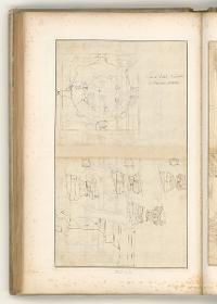 Rom, Cortile del Belvedere, Bramantes Treppe, Schnitt und Maßangaben; Verso: Grundriss der Treppe und Details der Säulenordnung