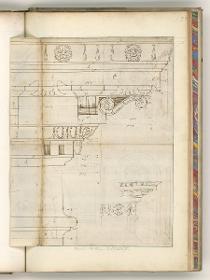 Rom, Palazzo Farnese, Kranzgesims an der Fassade; Verso: ionische Kapitelle und Kompositkapitell der Hauptfassade