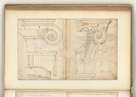 Rom, Palazzo Farnese, Kranzgesims an der Fassade; Verso: ionische Kapitelle und Kompositkapitell der Hauptfassade