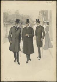 Drei Herren in eleganter Straßenkleidung bei der Promenade: Gehrock, Stadtchesterfield und Cutaway