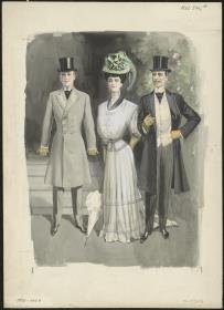Zwei elegante Herren und eine Dame bei der Promenade