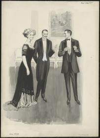 Eine Dame und zwei Herren in eleganter Ballkleidung: Frack und Smoking
