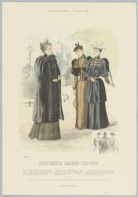 Illustrirte Frauen-Zeitung: halblanger Mantel für ältere Damen, Anzug mit Falten-Taille und Anzug mit russischer Bluse