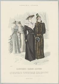 Illustrirte Frauen-Zeitung: Anzug mit kurzer Taille und Anzug mit Pelz-Pelerine