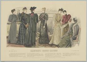 Illustrirte Frauen-Zeitung: Hauskleid, Besuchs-Toilette, Gesellschaftskleid, Promenaden-Kleid und zwei Promenaden-Anzüge
