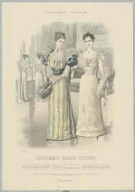 Illustrirte Frauen-Zeitung: Gesellschafts-Anzug mit Puffärmeln und Ball-Anzug mit Bandgürtel
