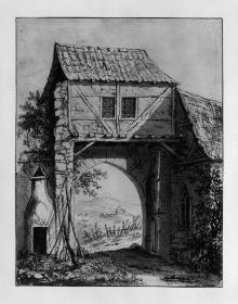 Torgebäude mit Durchblick auf eine Landschaft mit Ruine