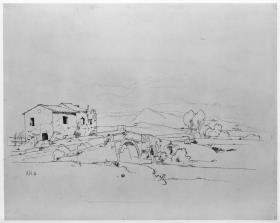 Italienische Landschaft mit verfallendem Haus und Brücke über einen Fluss