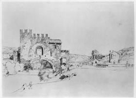 Italienische Landschaft mit Brücke über einen Fluss