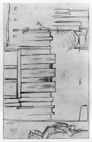 Walzen und Details, ein Arbeiter mit Stange in Rückenansicht. Studie zum "Eisenwalzwerk. Moderne Cyklopen"
